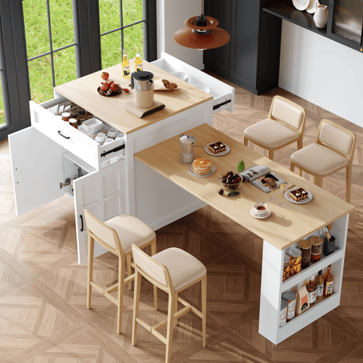 Mesa de bar extensível 133-202×70×93,5 cm - com duas gavetas, quatro compartimentos e prateleiras laterais - Branco Mesa de bar extensível 133-202×70×93,5 cm - com duas gavetas, quatro compartimentos e prateleiras laterais - Branco