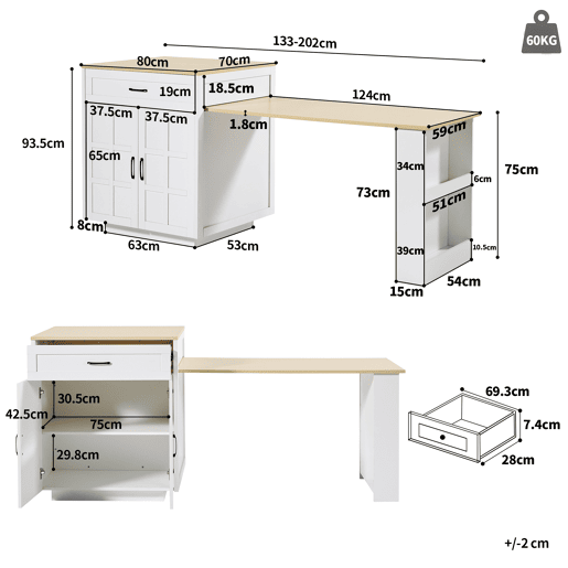 Mesa de bar extensível 133-202×70×93,5 cm - com duas gavetas, quatro compartimentos e prateleiras laterais - Branco Mesa de bar extensível 133-202×70×93,5 cm - com duas gavetas, quatro compartimentos e prateleiras laterais - Branco
