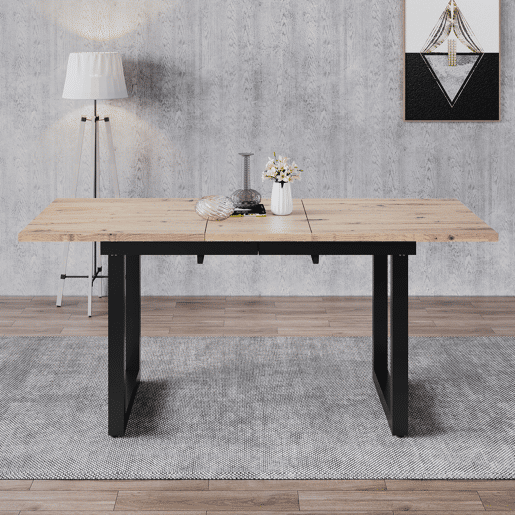 Mesa de jantar extensível 1401808075 - estilo industrial, retangular, mesa de café moderna, ferro, MDF, aparência carvalho + preto