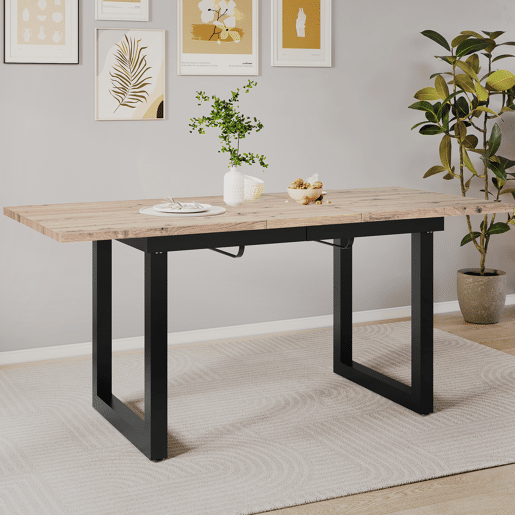 Mesa de jantar extensível 1401808075 - estilo industrial, retangular, mesa de café moderna, ferro, MDF, aparência carvalho + preto