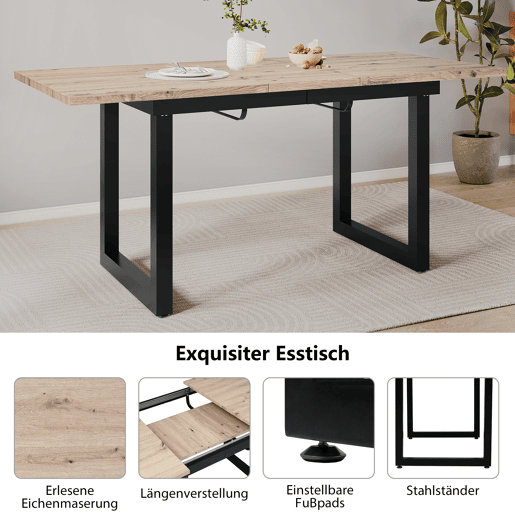 Mesa de jantar extensível 1401808075 - estilo industrial, retangular, mesa de café moderna, ferro, MDF, aparência carvalho + preto
