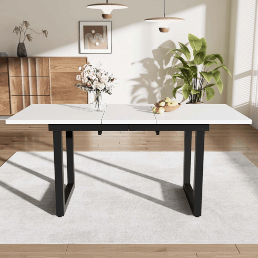 Mesa de jantar extensível L140180W80H75 - Estilo industrial, retangular, mesa de café, mesa moderna de ferro, multifuncional, MDF, Branco+Preto