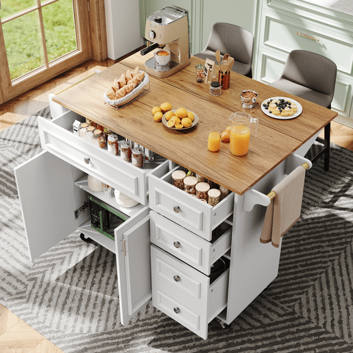 Ilha de cozinha 110x45-75x92 cm - Moderna, com armário de cozinha, carrinho de serviço removível, com design vintage, mesa multifuncional com arrumação - Branco