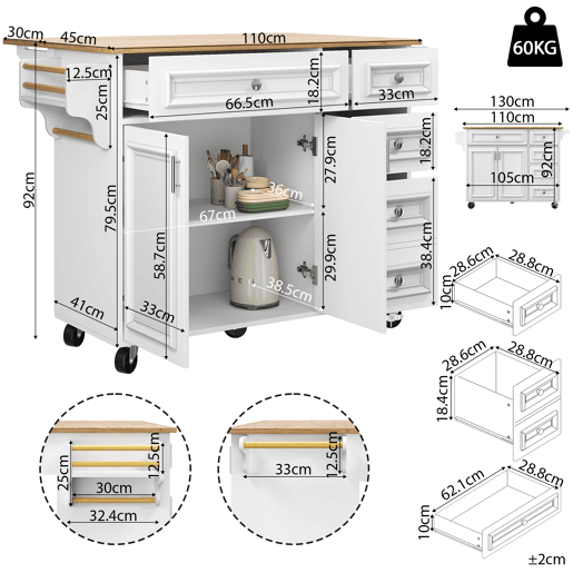 Ilha de cozinha 110x45-75x92 cm - Moderna, com armário de cozinha, carrinho de serviço removível, com design vintage, mesa multifuncional com arrumação - Branco
