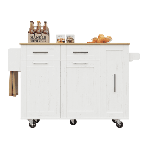 Ilha de cozinha moderna - Armário de cozinha, aparador, carrinho de refeições em madeira, mesa multifuncional com arrumação - Branco