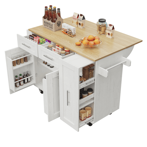 Ilha de cozinha moderna - Armário de cozinha, aparador, carrinho de refeições em madeira, mesa multifuncional com arrumação - Branco