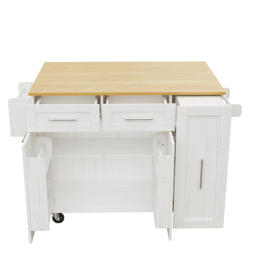 Ilha de cozinha moderna - Armário de cozinha, aparador, carrinho de refeições em madeira, mesa multifuncional com arrumação - Branco
