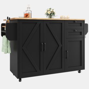 Ilha de cozinha moderna - Multifuncional com armazenamento e prateleiras para snacks - Preto