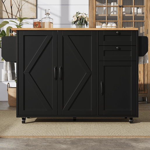 Ilha de cozinha moderna - Multifuncional com armazenamento e prateleiras para snacks - Preto