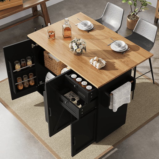 Ilha de cozinha moderna - Multifuncional com armazenamento e prateleiras para snacks - Preto