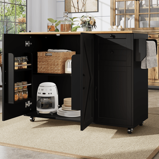 Ilha de cozinha moderna - Multifuncional com armazenamento e prateleiras para snacks - Preto