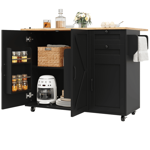 Ilha de cozinha moderna - Multifuncional com armazenamento e prateleiras para snacks - Preto