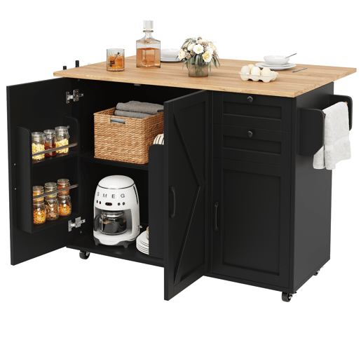 Ilha de cozinha moderna - Multifuncional com armazenamento e prateleiras para snacks - Preto