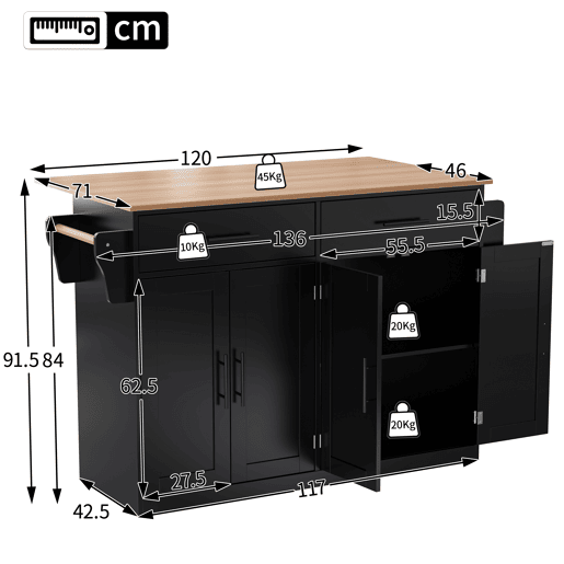 Carrinho de serviço 120x46(70)x91 cm - com mesa dobrável, rodas e pés de madeira intercambiáveis - Preto