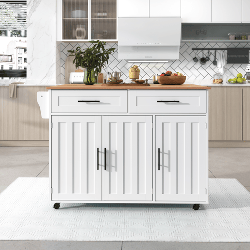 Carrinho de jantar 129x46(71)x91,5 cm - Mesa de jantar com tampo rebatível, prateleiras interiores nas portas, ilha de cozinha sobre 5 rodas com armários de arrumação e 2 gavetas - Branco
