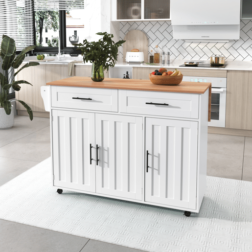 Carrinho de jantar 129x46(71)x91,5 cm - Mesa de jantar com tampo rebatível, prateleiras interiores nas portas, ilha de cozinha sobre 5 rodas com armários de arrumação e 2 gavetas - Branco