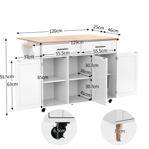 Carrinho de jantar 129x46(71)x91,5 cm - Mesa de jantar com tampo rebatível, prateleiras interiores nas portas, ilha de cozinha sobre 5 rodas com armários de arrumação e 2 gavetas - Branco