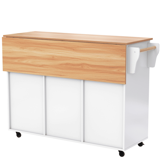 Carrinho de jantar 129x46(71)x91,5 cm - Mesa de jantar com tampo rebatível, prateleiras interiores nas portas, ilha de cozinha sobre 5 rodas com armários de arrumação e 2 gavetas - Branco