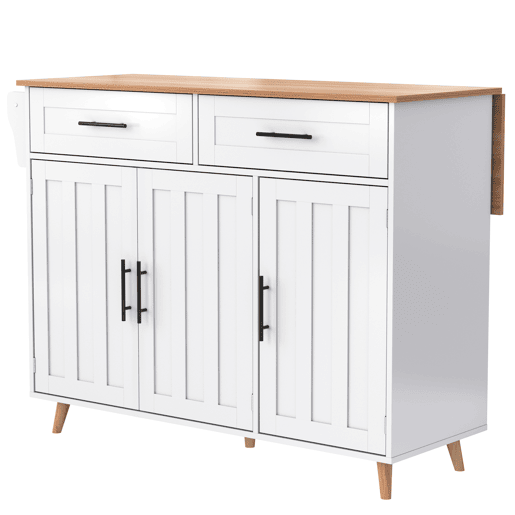 Carrinho de jantar 129x46(71)x91,5 cm - Mesa de jantar com tampo rebatível, prateleiras interiores nas portas, ilha de cozinha sobre 5 rodas com armários de arrumação e 2 gavetas - Branco