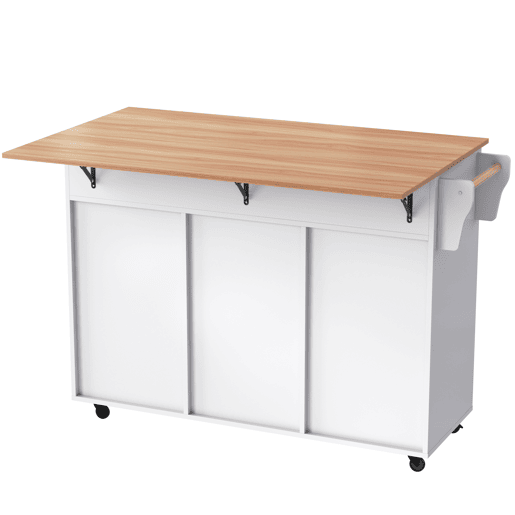 Carrinho de jantar 129x46(71)x91,5 cm - Mesa de jantar com tampo rebatível, prateleiras interiores nas portas, ilha de cozinha sobre 5 rodas com armários de arrumação e 2 gavetas - Branco