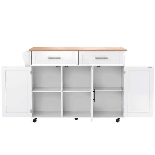 Carrinho de jantar 129x46(71)x91,5 cm - Mesa de jantar com tampo rebatível, prateleiras interiores nas portas, ilha de cozinha sobre 5 rodas com armários de arrumação e 2 gavetas - Branco