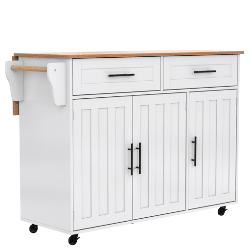 Carrinho de jantar 129x46(71)x91,5 cm - Mesa de jantar com tampo rebatível, prateleiras interiores nas portas, ilha de cozinha sobre 5 rodas com armários de arrumação e 2 gavetas - Branco