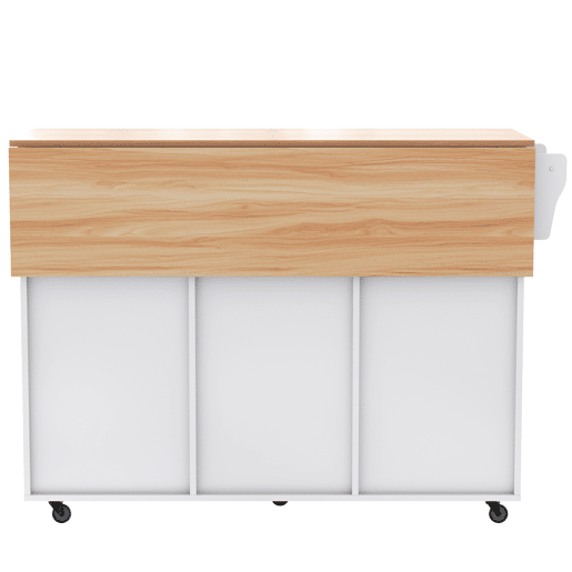 Carrinho de jantar 129x46(71)x91,5 cm - Mesa de jantar com tampo rebatível, prateleiras interiores nas portas, ilha de cozinha sobre 5 rodas com armários de arrumação e 2 gavetas - Branco
