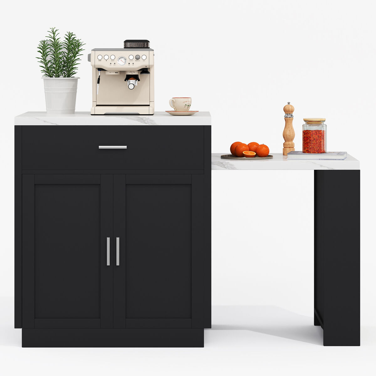 Isla de cocina con mesa extensible para 4-6 personas - mesa de cocina bicolor, enchufe, armario de almacenamiento, 2 cajones, 2 estantes laterales -