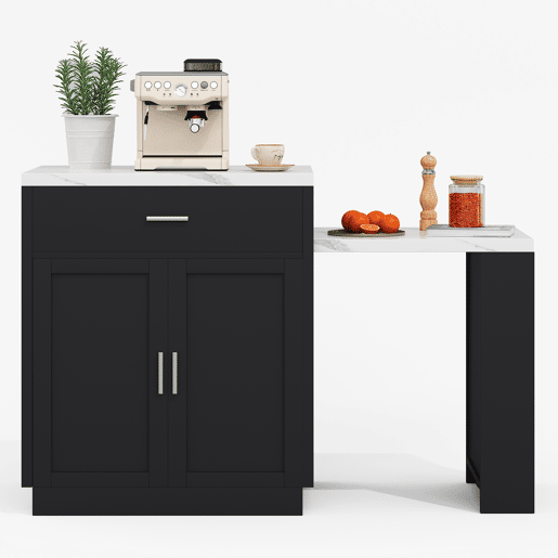 Ilha de cozinha com mesa extensível para 4-6 pessoas - Mesa de cozinha bicolor, tomada, armário de arrumação, 2 gavetas, 2 prateleiras laterais - Preto