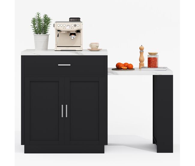 Isla de cocina con mesa extensible para 4-6 personas - mesa de cocina bicolor, enchufe, armario de almacenamiento, 2 cajones, 2 estantes laterales -