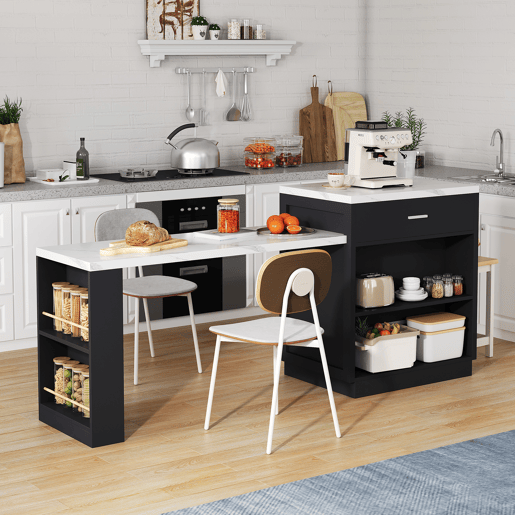 Ilha de cozinha com mesa extensível para 4-6 pessoas - Mesa de cozinha bicolor, tomada, armário de arrumação, 2 gavetas, 2 prateleiras laterais - Preto