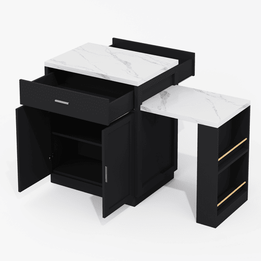 Ilha de cozinha com mesa extensível para 4-6 pessoas - Mesa de cozinha bicolor, tomada, armário de arrumação, 2 gavetas, 2 prateleiras laterais - Preto
