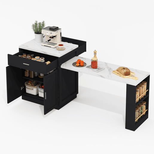 Ilha de cozinha com mesa extensível para 4-6 pessoas - Mesa de cozinha bicolor, tomada, armário de arrumação, 2 gavetas, 2 prateleiras laterais - Preto