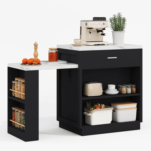 Ilha de cozinha com mesa extensível para 4-6 pessoas - Mesa de cozinha bicolor, tomada, armário de arrumação, 2 gavetas, 2 prateleiras laterais - Preto