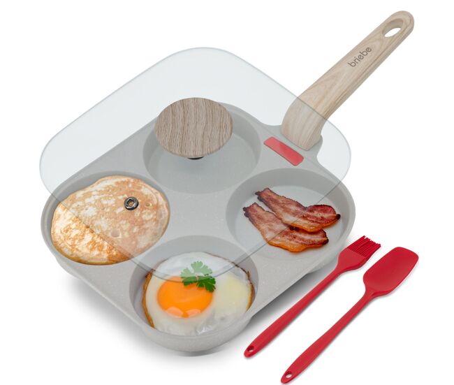 Sartén 4 tortitas huevos fritos poché, tapa vidrio, aluminio antiadherente libre de ptfe y pfoa
