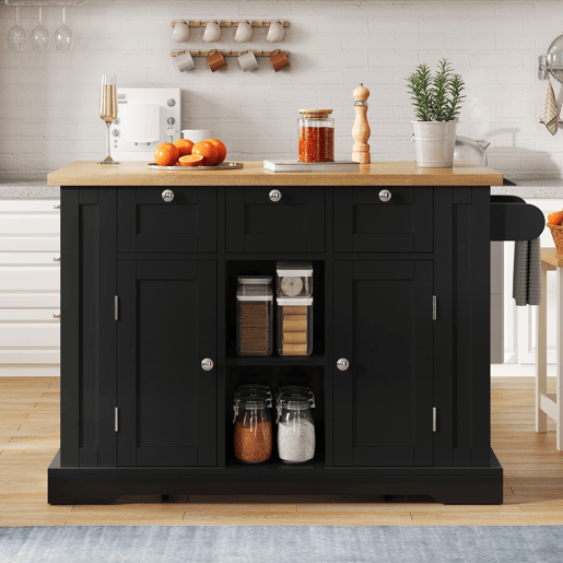Mesa de cozinha móvel 132 cm - Estilo rústico, superfície dobrável, armário multifuncional, gaveta, prateleira para especiarias, toalheiro, 5 rodas, tomada integrada - Natural+Preto
