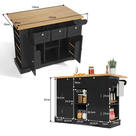 Mesa de cozinha móvel 132 cm - Estilo rústico, superfície dobrável, armário multifuncional, gaveta, prateleira para especiarias, toalheiro, 5 rodas, tomada integrada - Natural+Preto