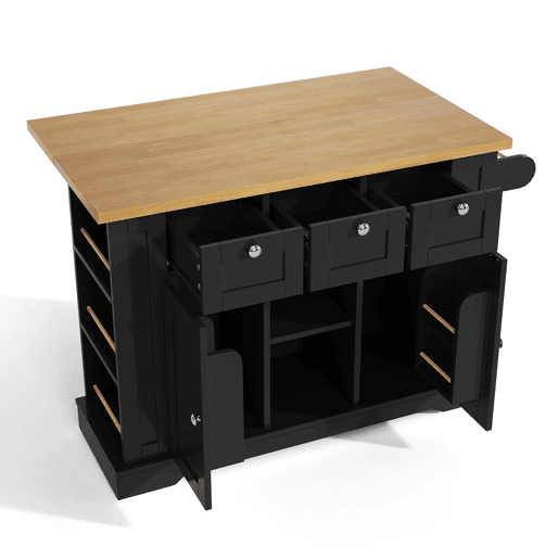 Mesa de cozinha móvel 132 cm - Estilo rústico, superfície dobrável, armário multifuncional, gaveta, prateleira para especiarias, toalheiro, 5 rodas, tomada integrada - Natural+Preto