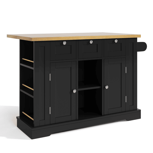 Mesa de cozinha móvel 132 cm - Estilo rústico, superfície dobrável, armário multifuncional, gaveta, prateleira para especiarias, toalheiro, 5 rodas, tomada integrada - Natural+Preto