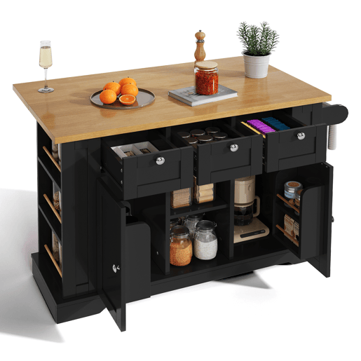 Mesa de cozinha móvel 132 cm - Estilo rústico, superfície dobrável, armário multifuncional, gaveta, prateleira para especiarias, toalheiro, 5 rodas, tomada integrada - Natural+Preto