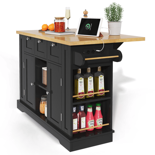 Mesa de cozinha móvel 132 cm - Estilo rústico, superfície dobrável, armário multifuncional, gaveta, prateleira para especiarias, toalheiro, 5 rodas, tomada integrada - Natural+Preto