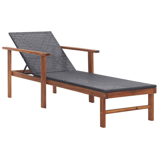 Cadeira de praia para banho de sol, cama de jardim, terraço, móveis de exterior, resina tecida e madeira de acácia sólida preta 02_0012920