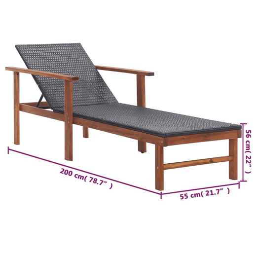 Cadeira de praia para banho de sol, cama de jardim, terraço, móveis de exterior, resina tecida e madeira de acácia sólida preta 02_0012920