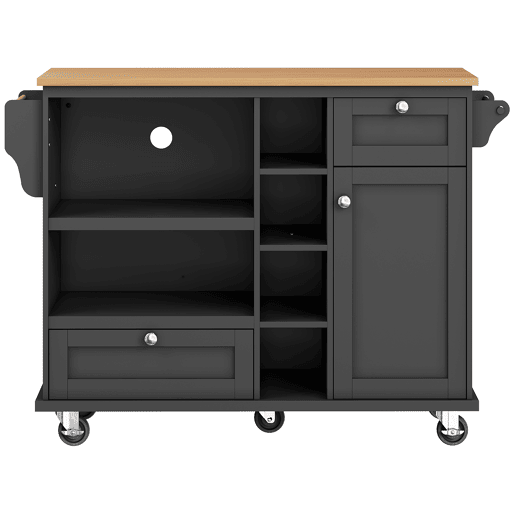 Carrinho de cozinha 129x46x92 cm - moderno e simples, com gavetas e armários de arrumação, superfície de trabalho em madeira clara - preto