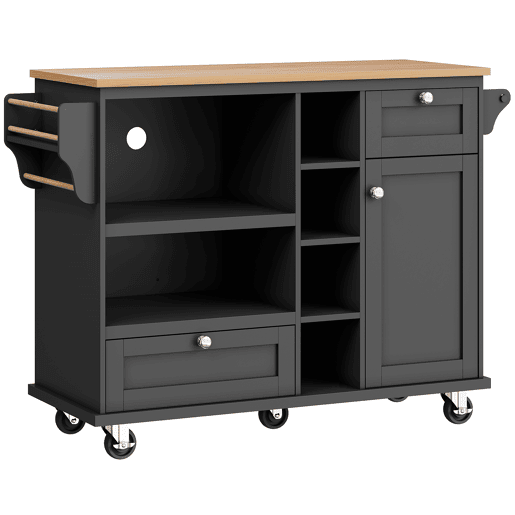 Carrinho de cozinha 129x46x92 cm - moderno e simples, com gavetas e armários de arrumação, superfície de trabalho em madeira clara - preto