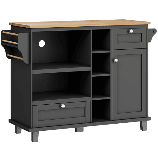 Carrinho de cozinha 129x46x92 cm - moderno e simples, com gavetas e armários de arrumação, superfície de trabalho em madeira clara - preto