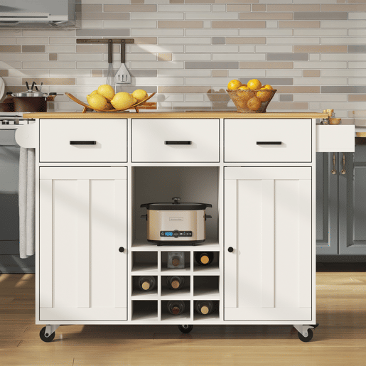 Carrinho de cozinha 107 cm - com bancada, suporte para toalhas, prateleira para especiarias, divisórias ajustáveis - branco
