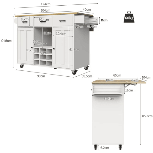 Carrinho de cozinha 107 cm - com bancada, suporte para toalhas, prateleira para especiarias, divisórias ajustáveis - branco