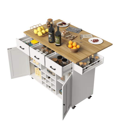 Carrinho de cozinha 107 cm - com bancada, suporte para toalhas, prateleira para especiarias, divisórias ajustáveis - branco