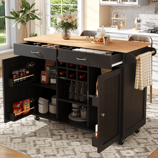 Ilha de cozinha moderna 102x45x92 cm - Móvel de cozinha, carrinho de buffet, mesa de jantar multifuncional com arrumação - Preto
